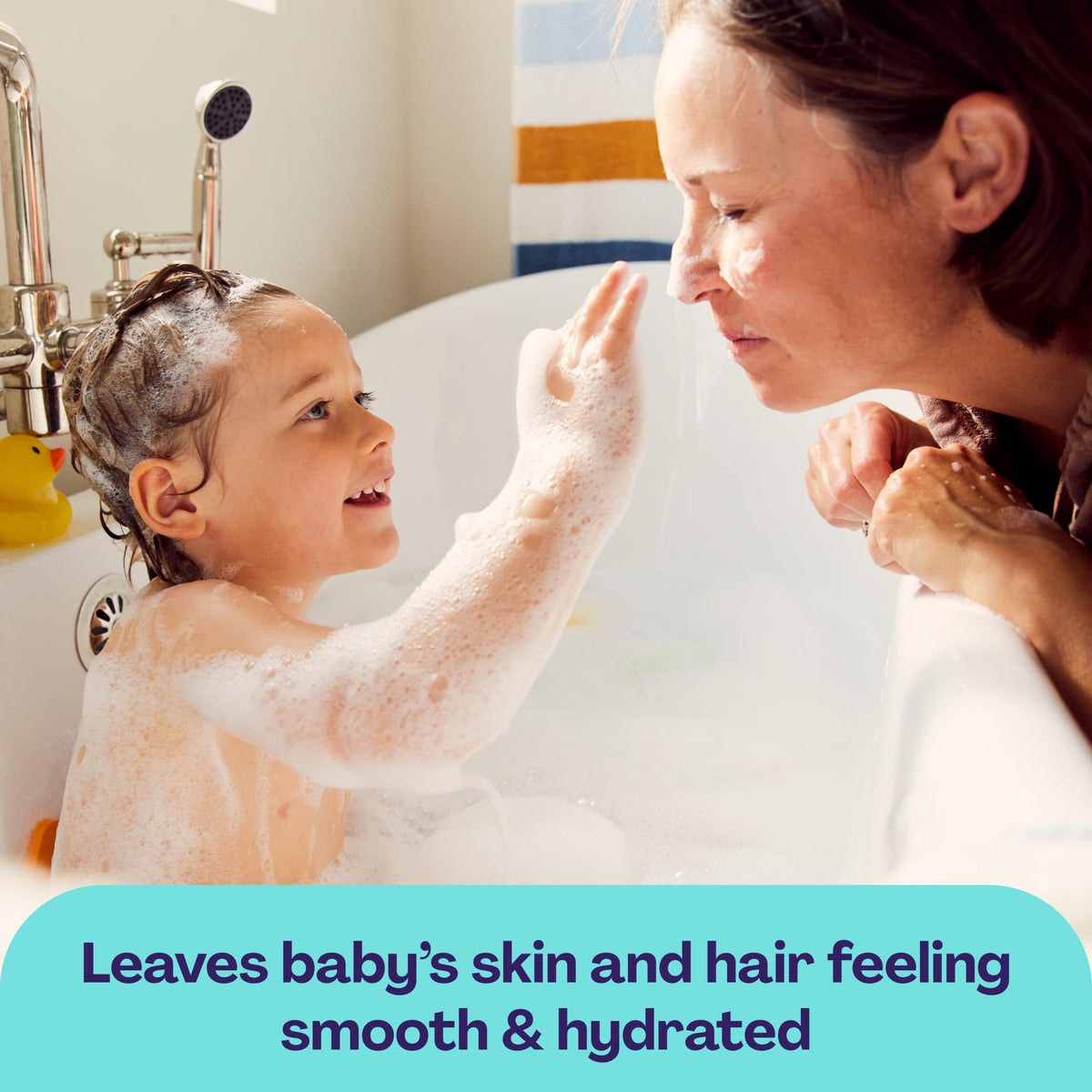 Hello Bello baby enjoying bath illustrating calming coconut vanilla scent