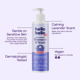 Hello Bello dispensing gentle foam from bottle to show easy application during baths