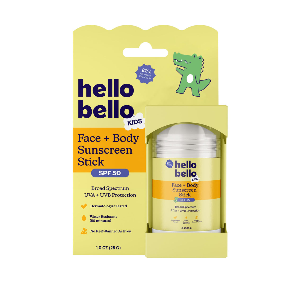 Hello Bello front packaging showing SPF 50 and stick design for easy protection