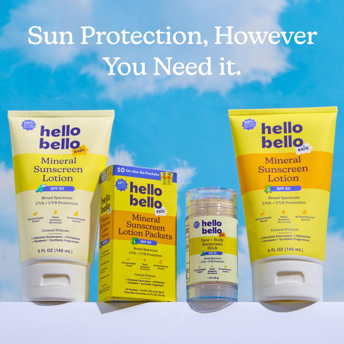 Hello Bello in a beach setting conveying water-resistant outdoor protection