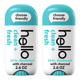 hello front packaging showing two deodorant sticks and scent branding benefits portability