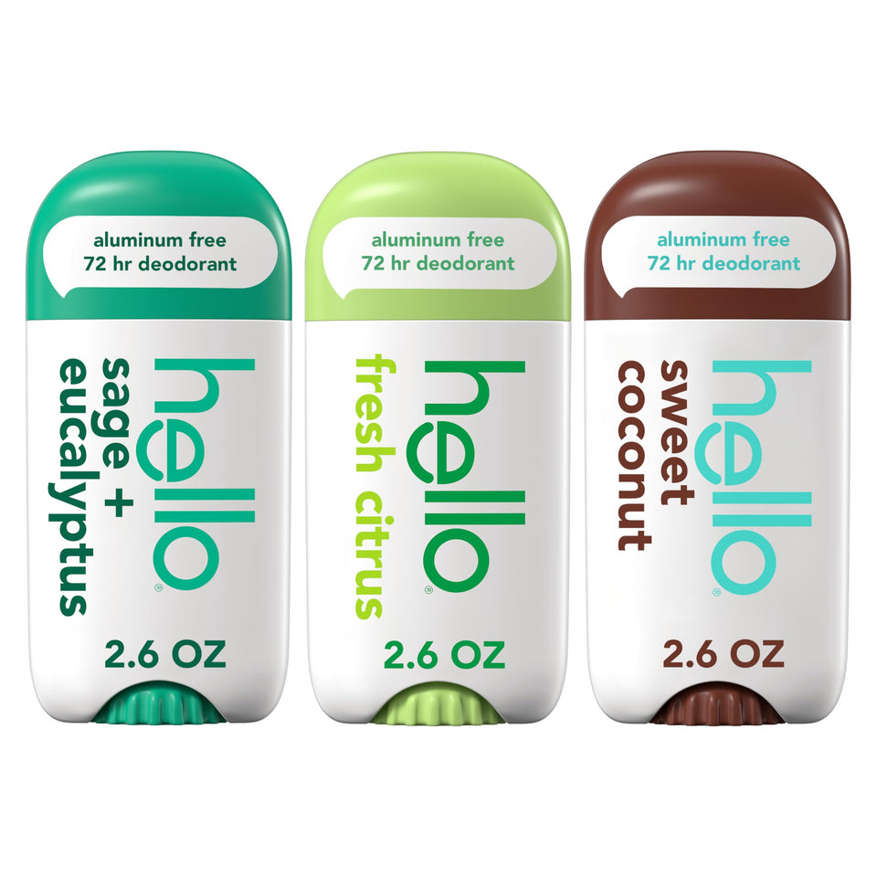 hello front packaging showing three fragrance sticks and variety benefits