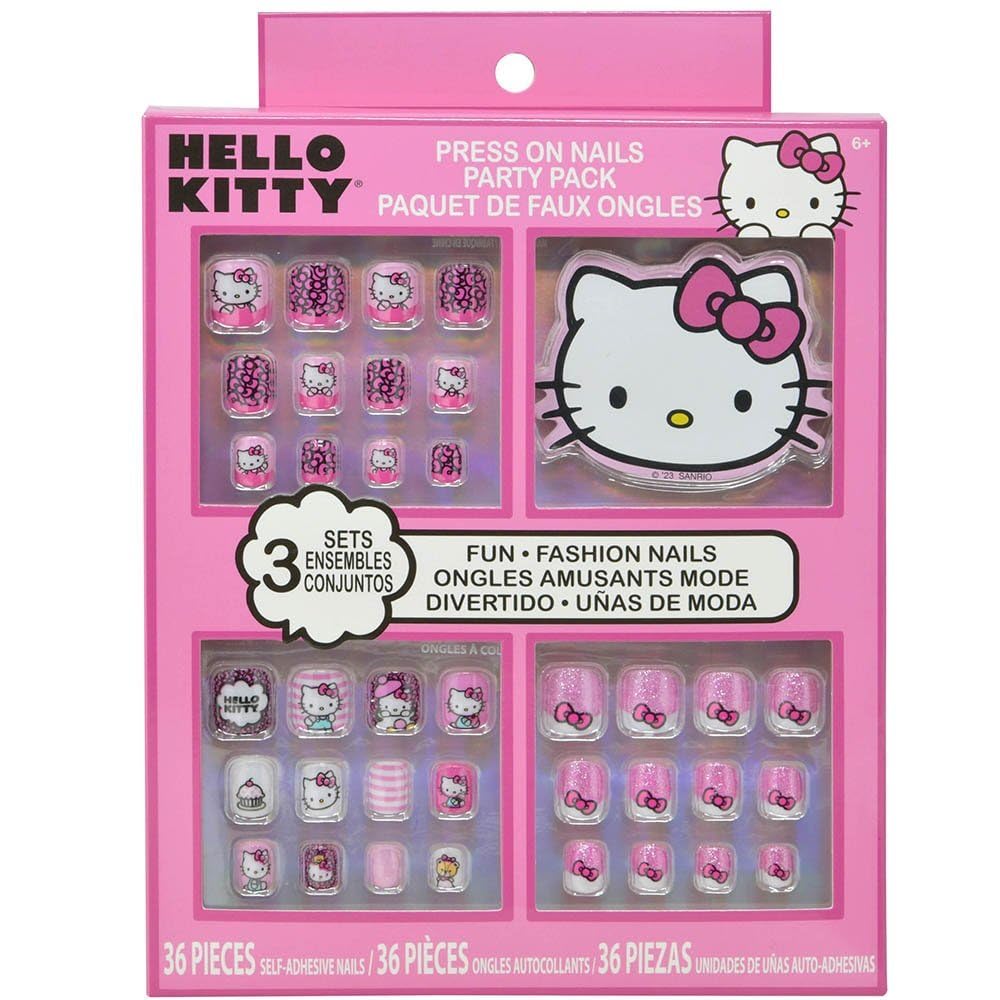 Hello Kitty front packaging shot showing colorful nails and party-ready designs