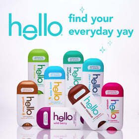 hello trio on a bathroom shelf styled to suggest daily routine refresh