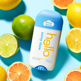 hello Sunny Daze ingredient focus on shea butter scoop, highlighting moisturizing skin benefit
