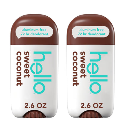 hello Sweet Coconut front packaging showing two sticks and tropical branding benefit: ready-to-use travel pack