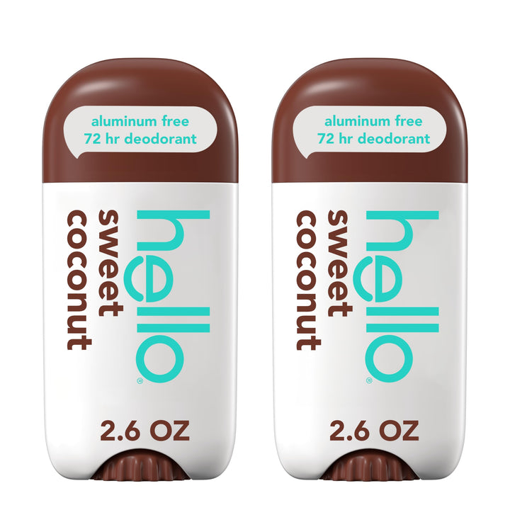 hello Sweet Coconut front packaging showing two sticks and tropical branding benefit: ready-to-use travel pack