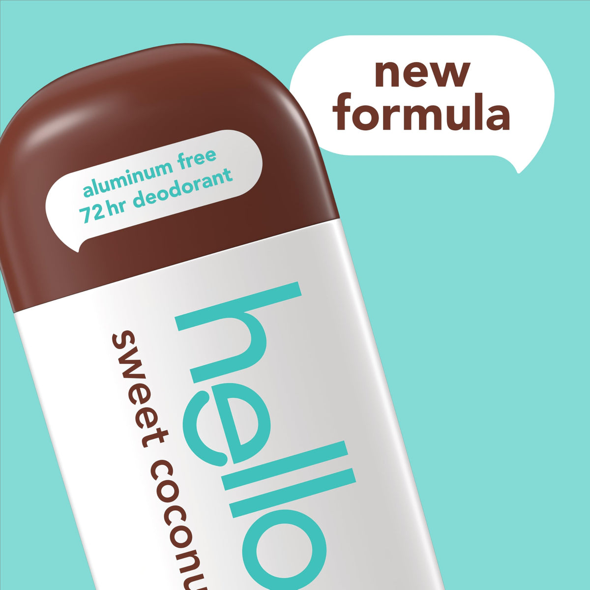 hello Sweet Coconut stick twisted open with solid deodorant visible benefit: easy application and travel-ready