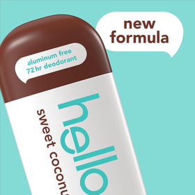 hello Sweet Coconut stick twisted open with solid deodorant visible benefit: easy application and travel-ready