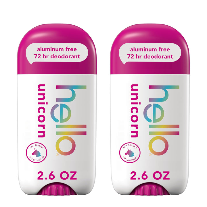 hello brand front packaging showing two sticks and vibrant unicorn scent