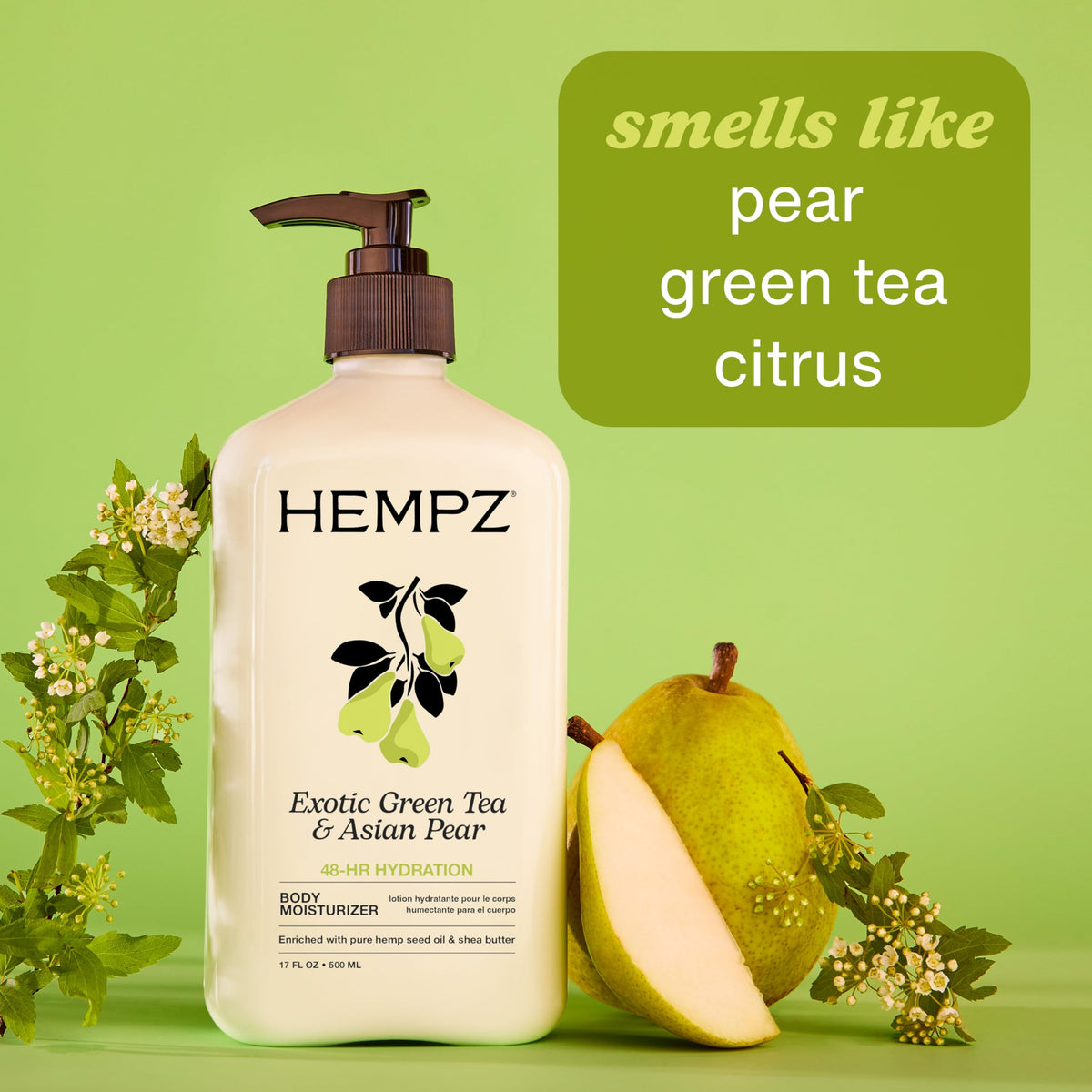 Hempz 17oz bottle next to common objects to show size and travel-friendly quantity