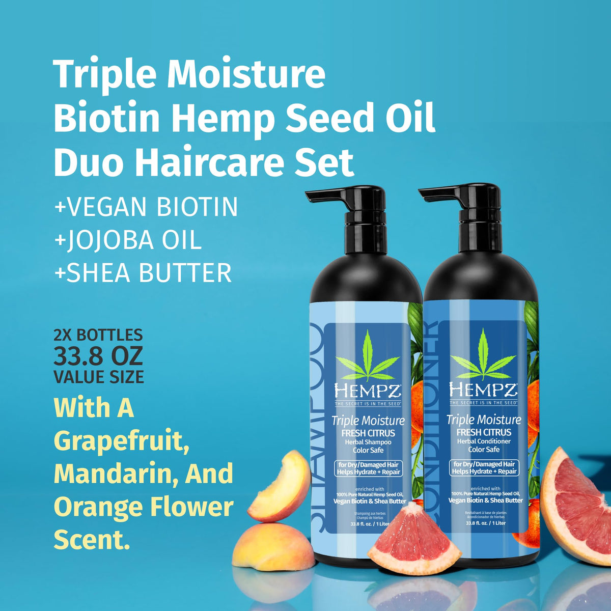 Hempz bottle close-up label detail highlighting biotin and color-safe benefits