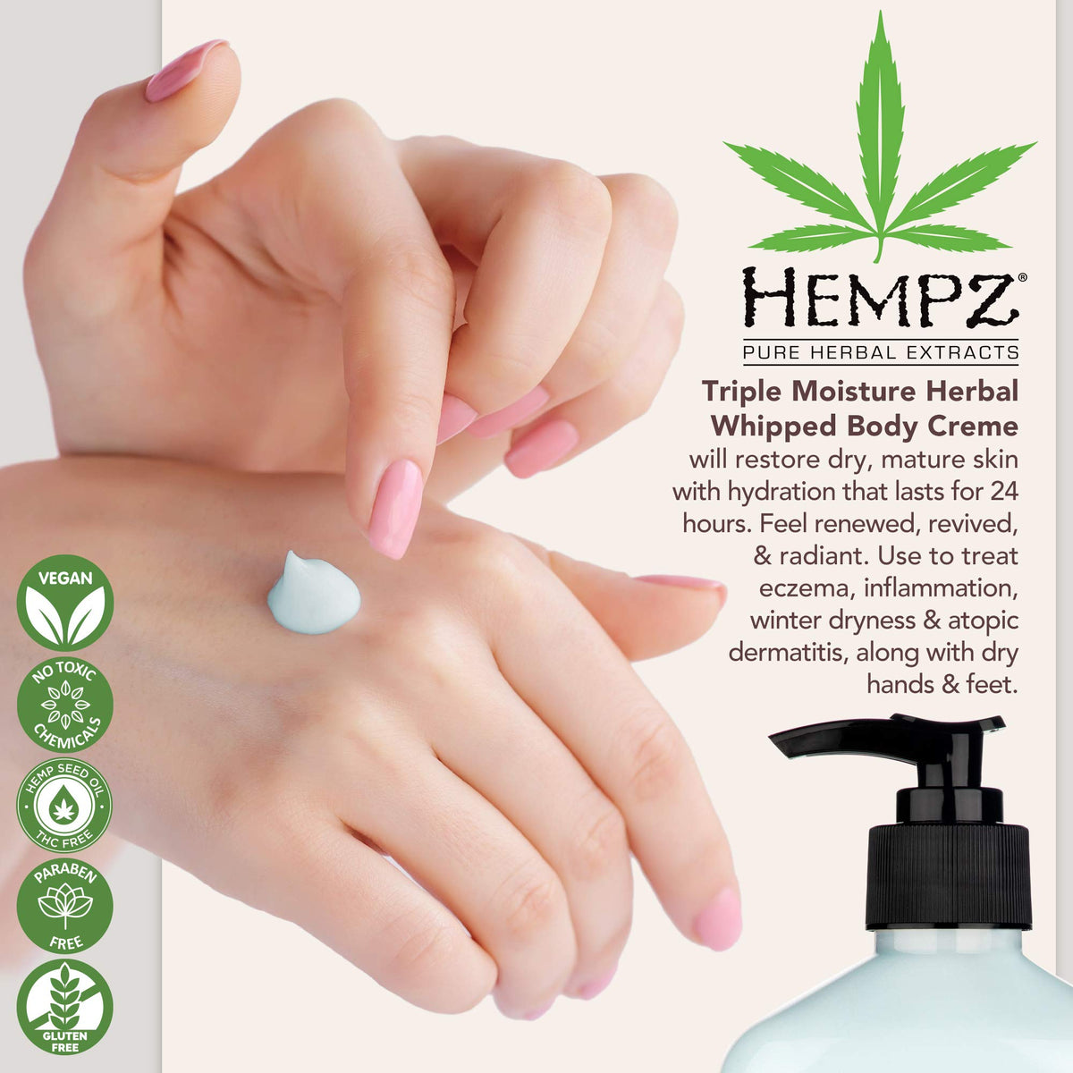 Hempz cream applied on forearm demonstrating fast hydration benefit