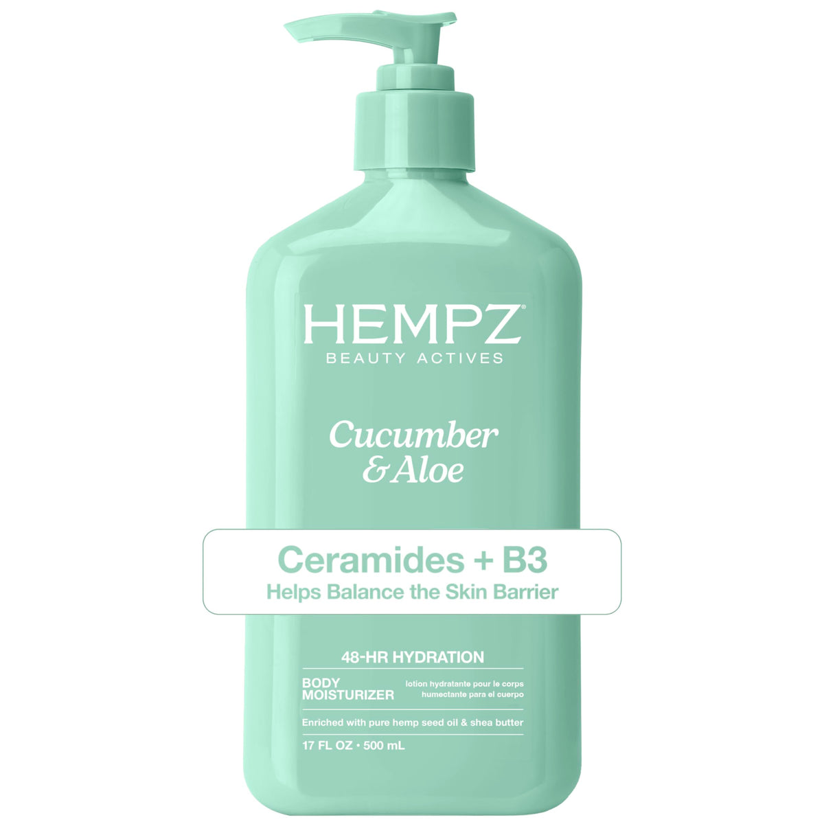 Hempz front packaging showing bottle and cucumber scent benefits