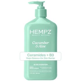 Hempz front packaging showing bottle and cucumber scent benefits