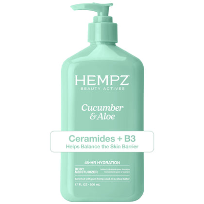 Hempz front packaging showing bottle and cucumber scent benefits