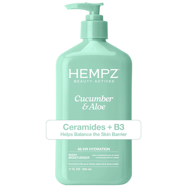 Hempz front packaging showing bottle and cucumber scent benefits