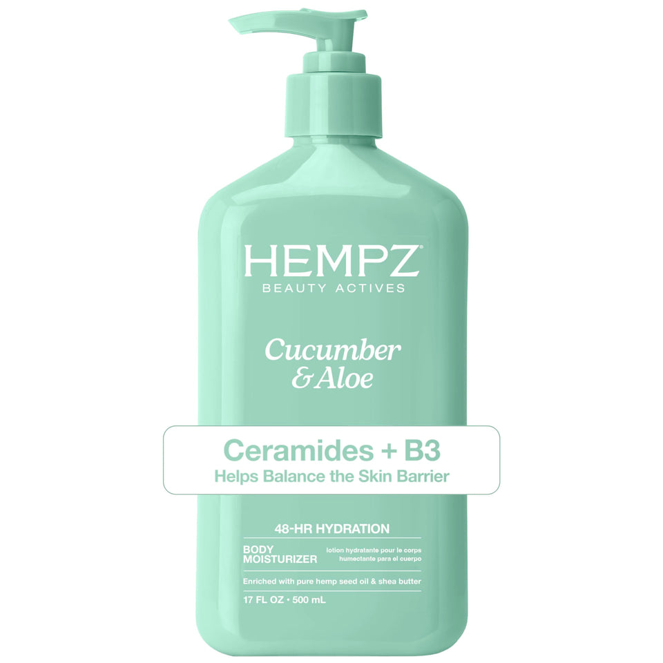 Hempz front packaging showing bottle and cucumber scent benefits