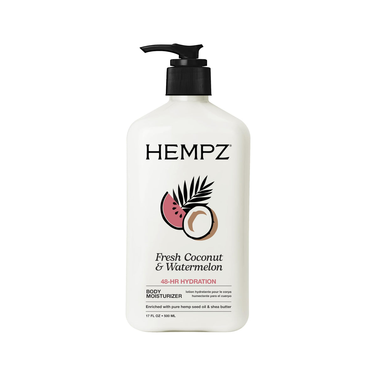 Hempz front packaging showing large bottle and fragrance benefit