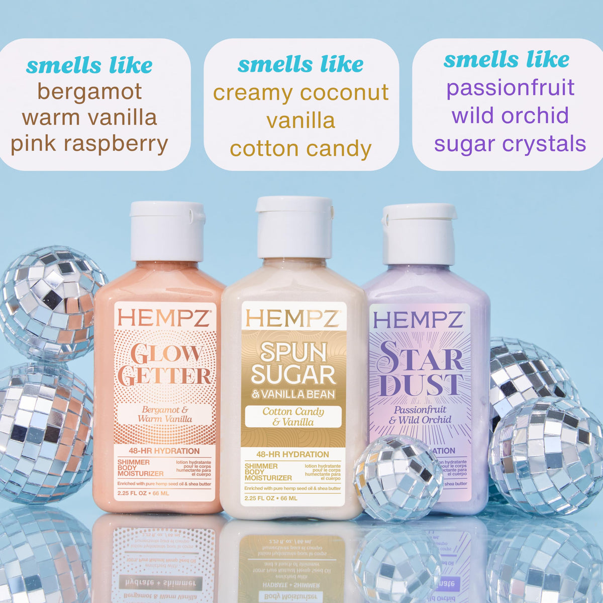 Hempz lotion texture close-up showing creamy shimmer and quick-absorbing benefit