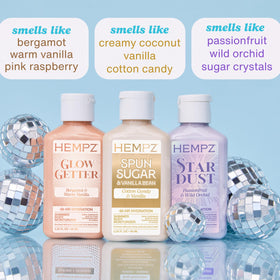 Hempz lotion texture close-up showing creamy shimmer and quick-absorbing benefit