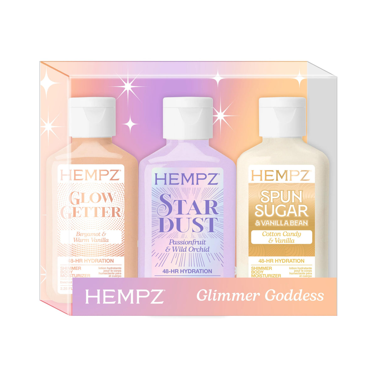 Hempz three mini shimmer lotion bottles front view showing packaging and shimmer benefit