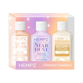 Hempz three mini shimmer lotion bottles front view showing packaging and shimmer benefit