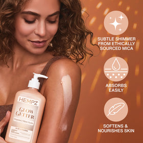 Hempz shimmer on skin close-up illustrating subtle luminous finish and glow