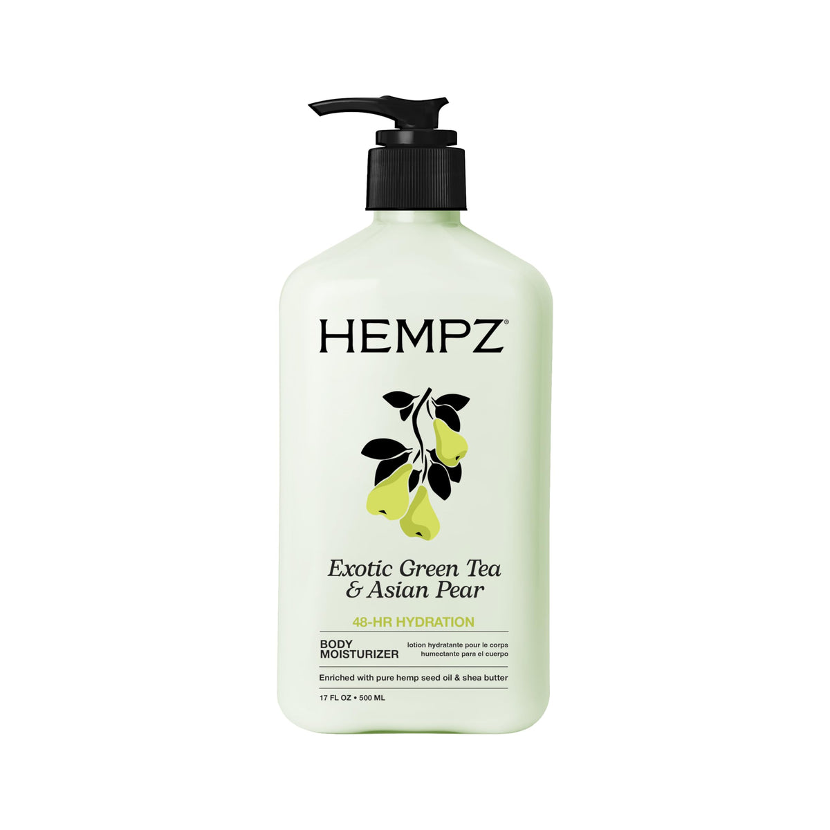 Hempz front packaging showing 17oz bottle with green tea pear scent and clear branding