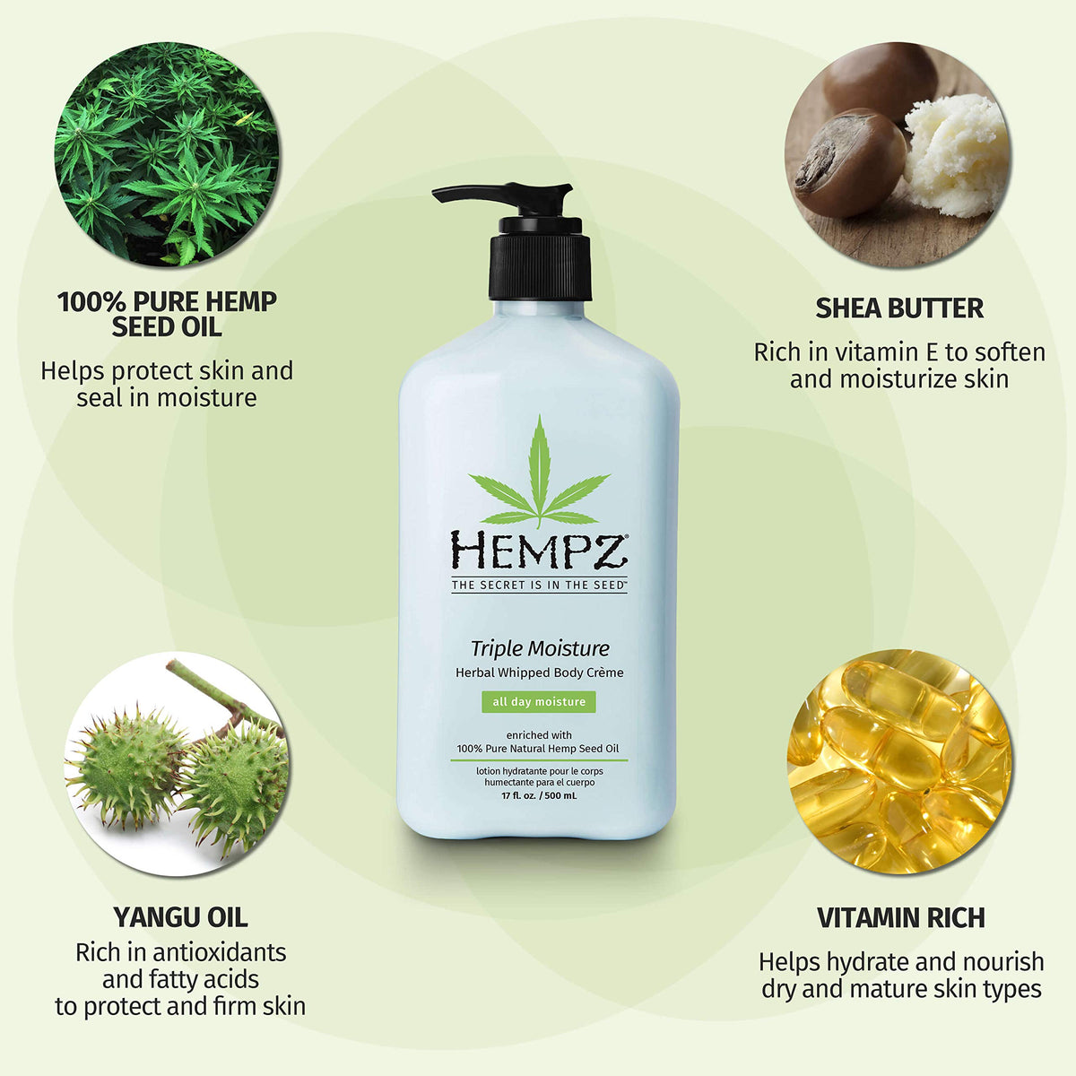 Hempz ingredients label close-up highlighting hemp seed oil benefit