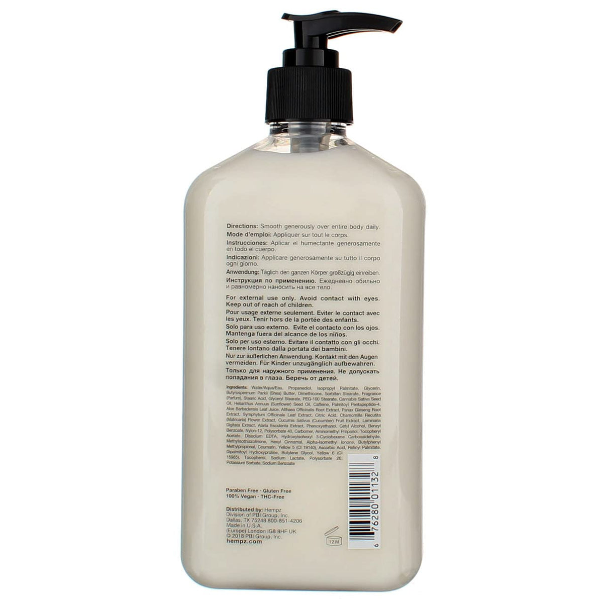 Hempz product label detail showing ingredients and clean-beauty benefit