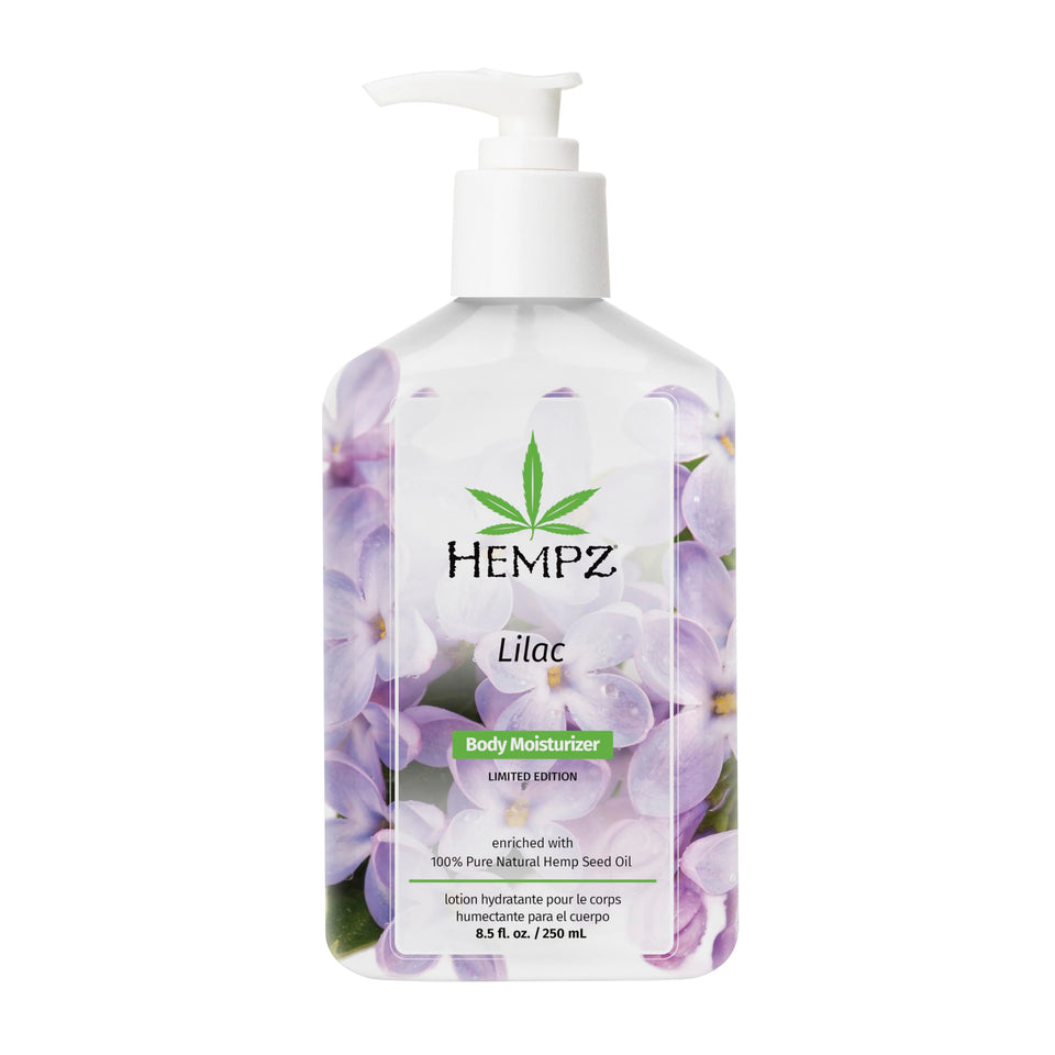 Hempz front bottle shot showing label and lilac scent benefits