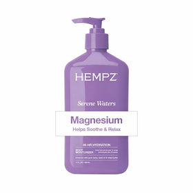 Hempz front packaging showing 17 oz bottle and serene waters scent benefits
