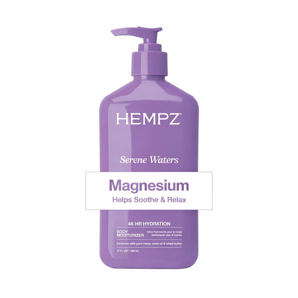 Hempz front packaging showing 17 oz bottle and serene waters scent benefits