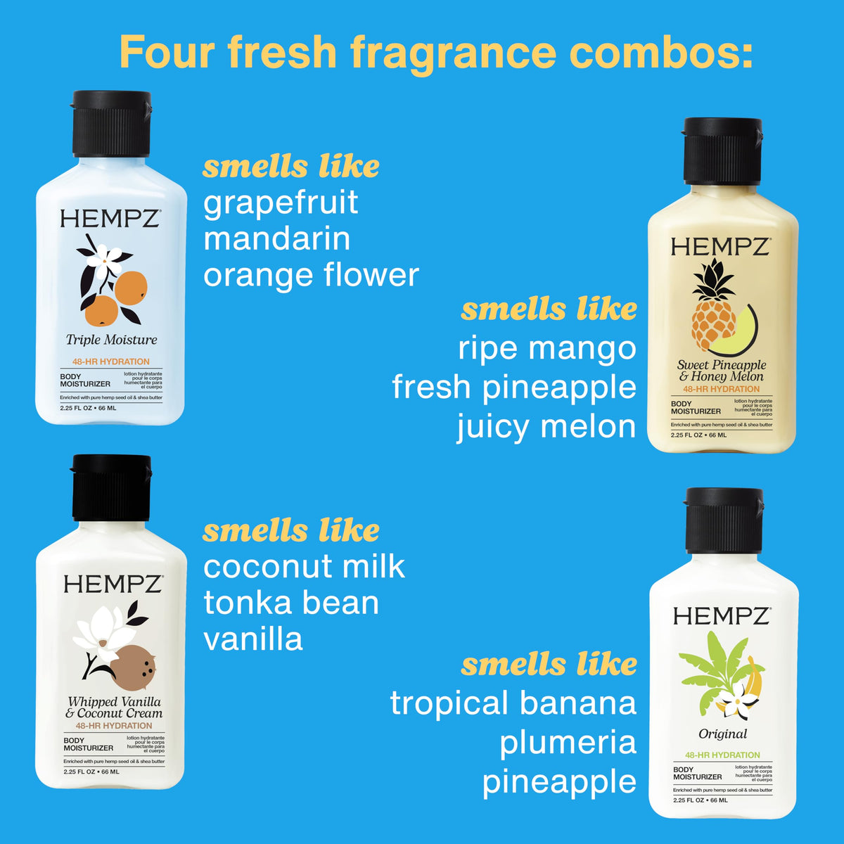 Hempz mini lotions lineup top view showcasing scent variety and compact design