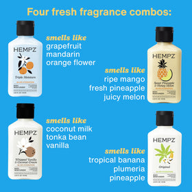 Hempz mini lotions lineup top view showcasing scent variety and compact design