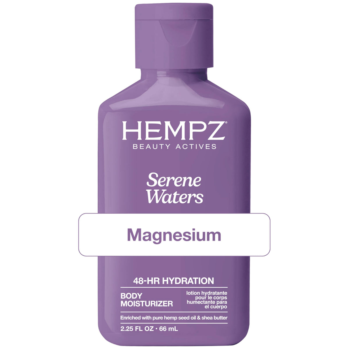 Hempz mini magnesium lotion front view shows compact bottle and calming scent benefits