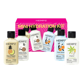 Hempz mini moisturizer kit front packaging showing four travel bottles for easy gifting