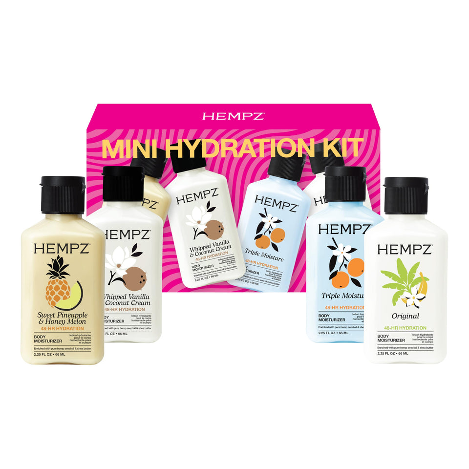 Hempz mini moisturizer kit front packaging showing four travel bottles for easy gifting