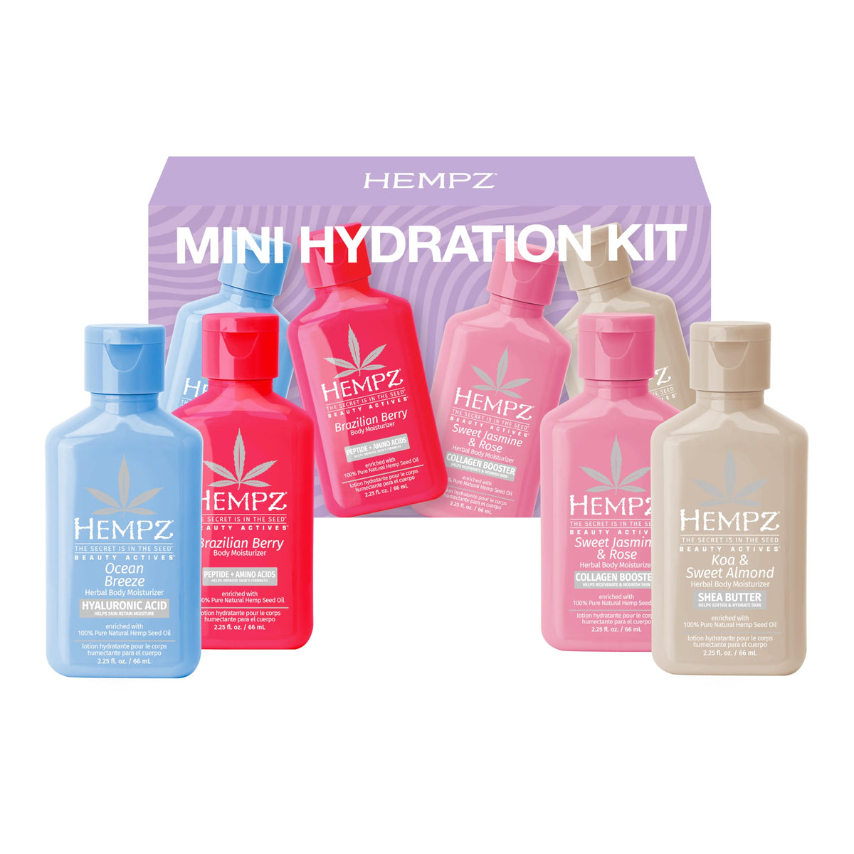 Hempz front view of four mini moisturizers showing labels and variety benefits