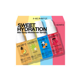 Hempz front view of four mini moisturizer sprays showing travel-ready packaging and variety
