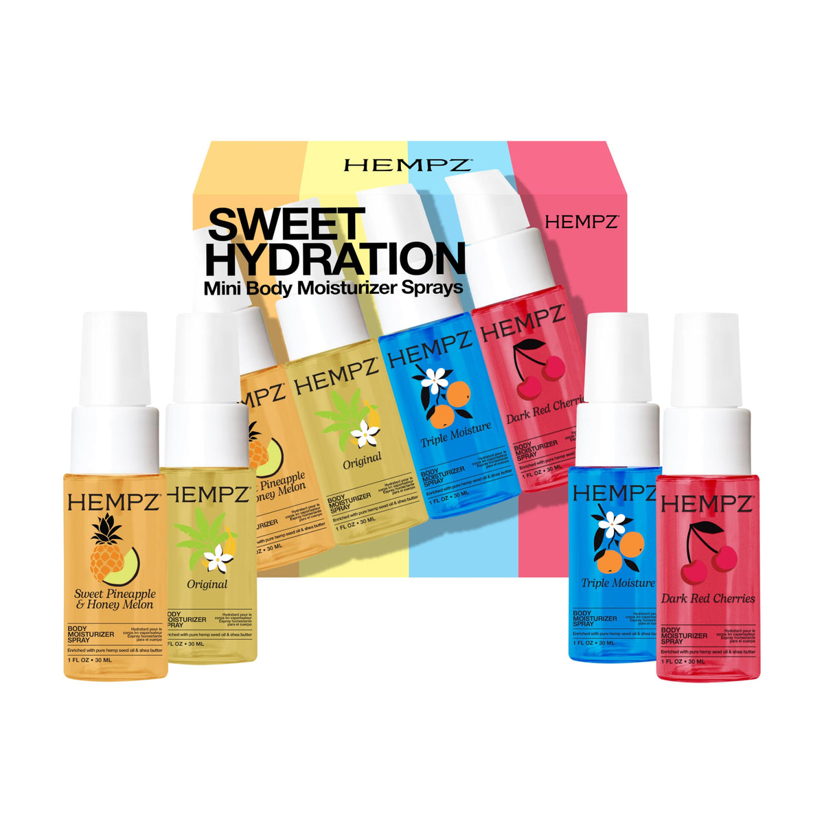 Hempz group flatlay of four 1 oz sprays arranged to show included scents and colors