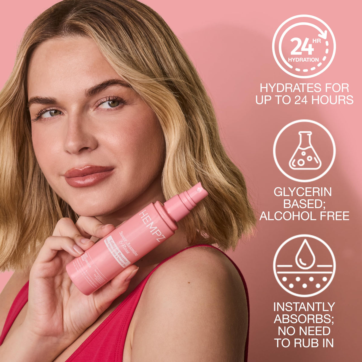 Hempz nozzle close-up mid-spray illustrating easy, mess-free application benefit