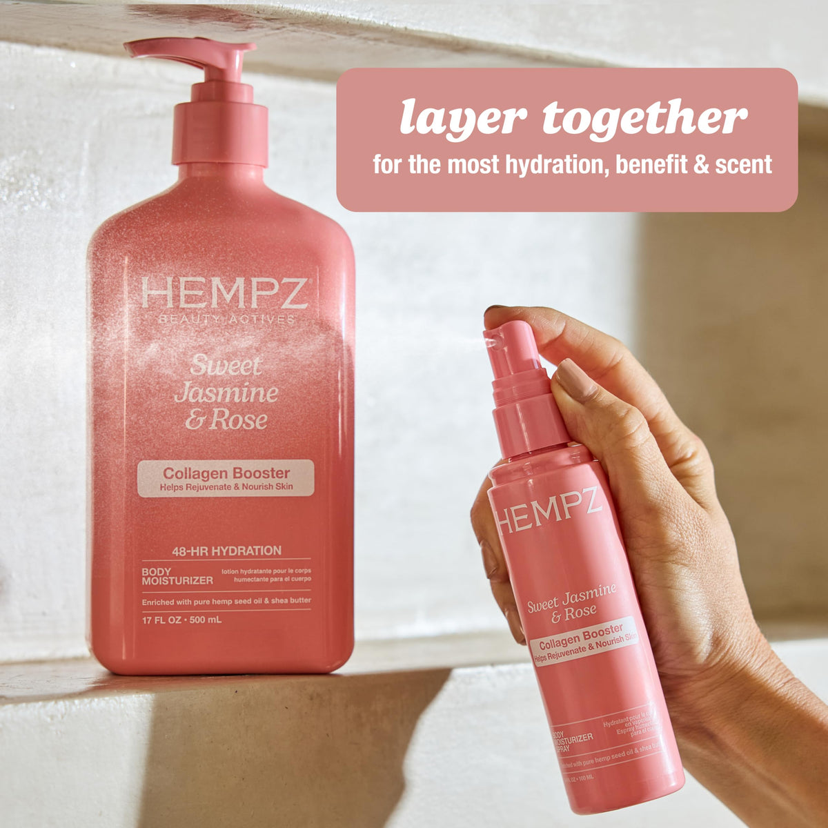 Hempz mist applied on model arm showing lightweight scent layering and softening