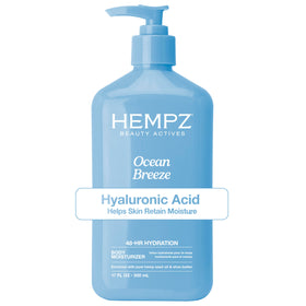 Hempz front bottle showing Ocean Breeze label and 17 fl oz size, highlights hydration