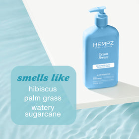 Hempz ingredients label close-up displaying shea butter, aloe and hyaluronic acid benefits