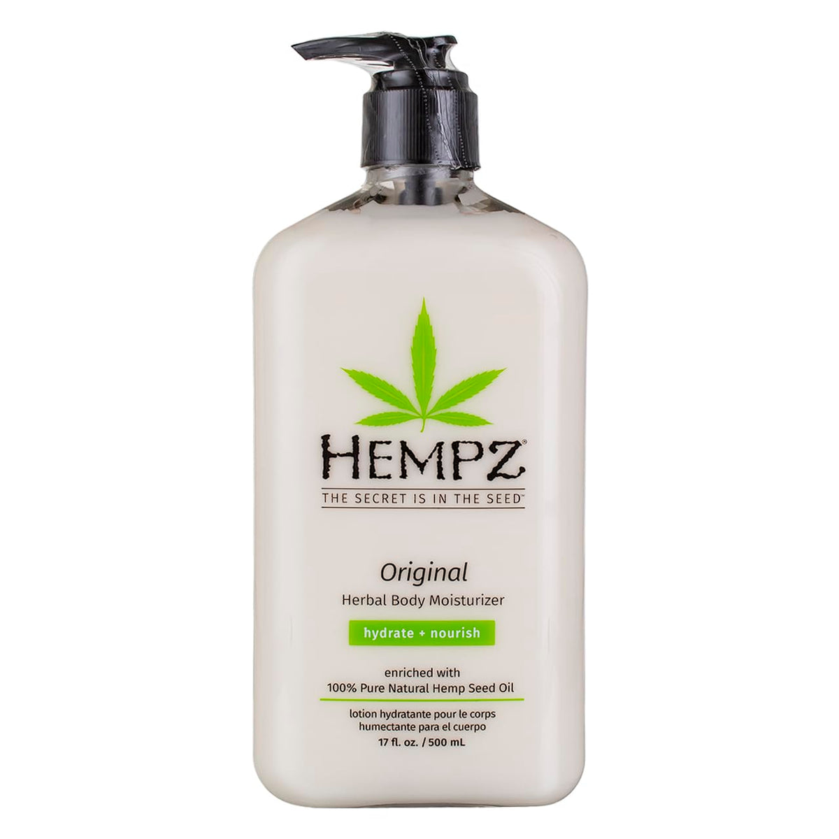 Hempz front packaging showing two 17 oz pump bottles for easy dispensing