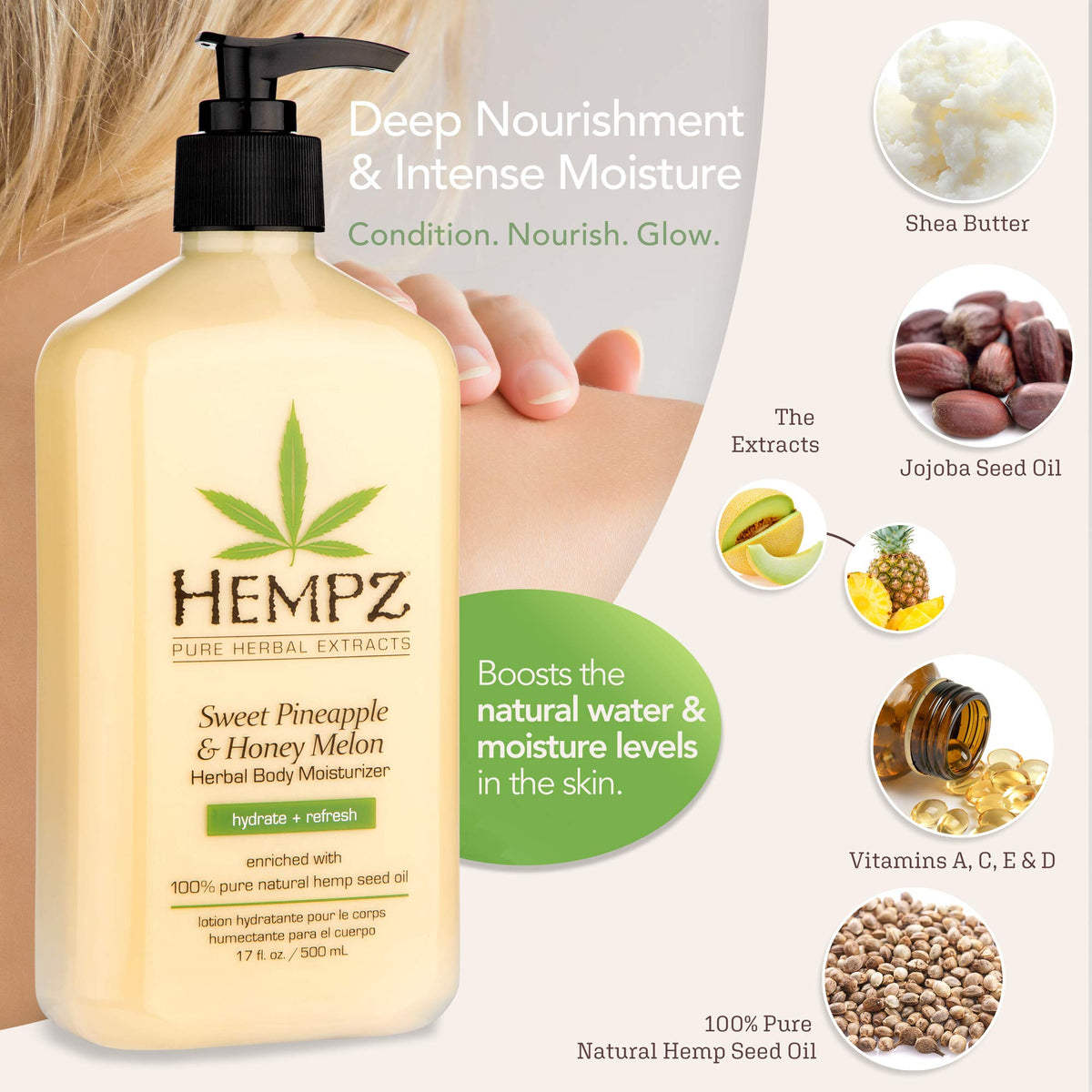 Hempz pump dispenser close-up for easy, mess-free use