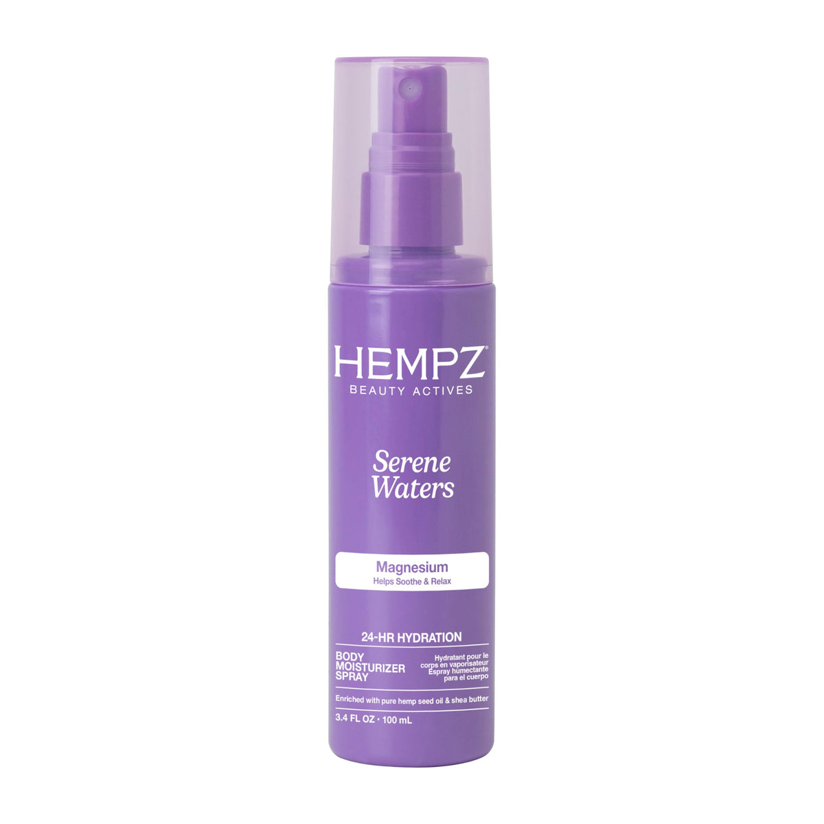 Hempz front packaging showing bottle and Serene Waters scent benefits
