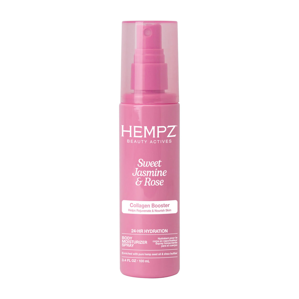 Hempz front packaging showing spray bottle and floral scent, convenient travel size